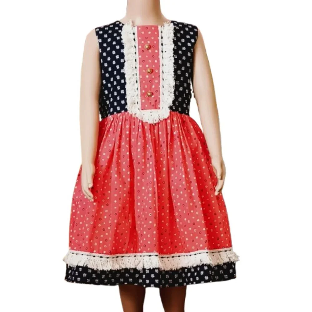 Haute Baby Peasant Floral Dress 7 Blue Orange Short Sleeves Ruffle & Fringe Hem